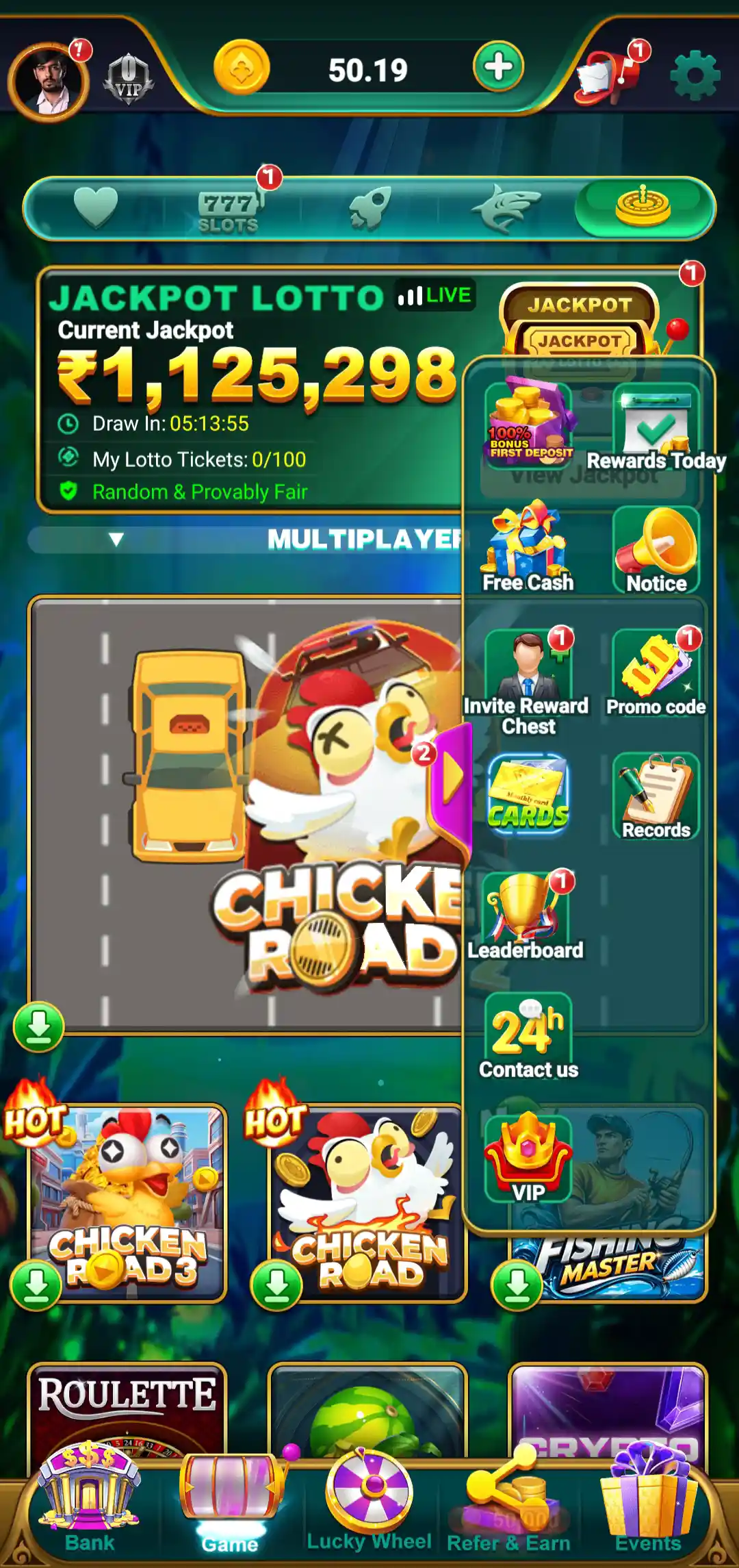 777 Game menu options