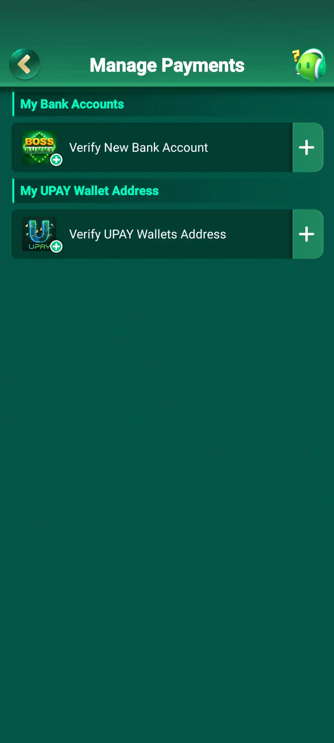 Boss Rummy manage payments screen