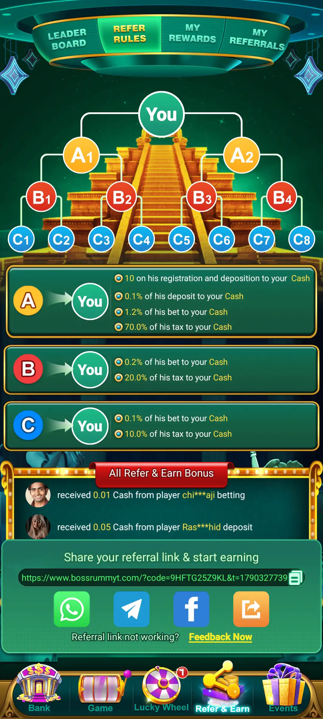 Boss Rummy Refer and Earn screen