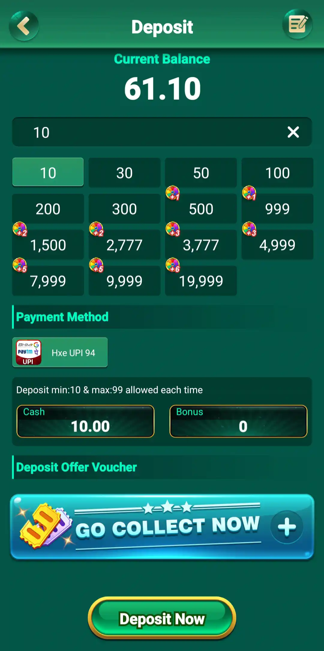Hindi 777 Deposit page with preset amounts, Hxe UPI 94 and deposit controls