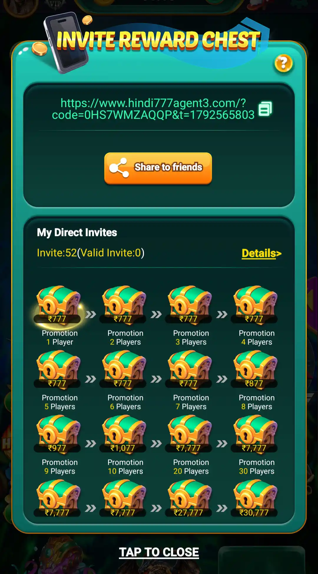 Hindi 777 Invite Reward Chest with referral link and player milestone rewards