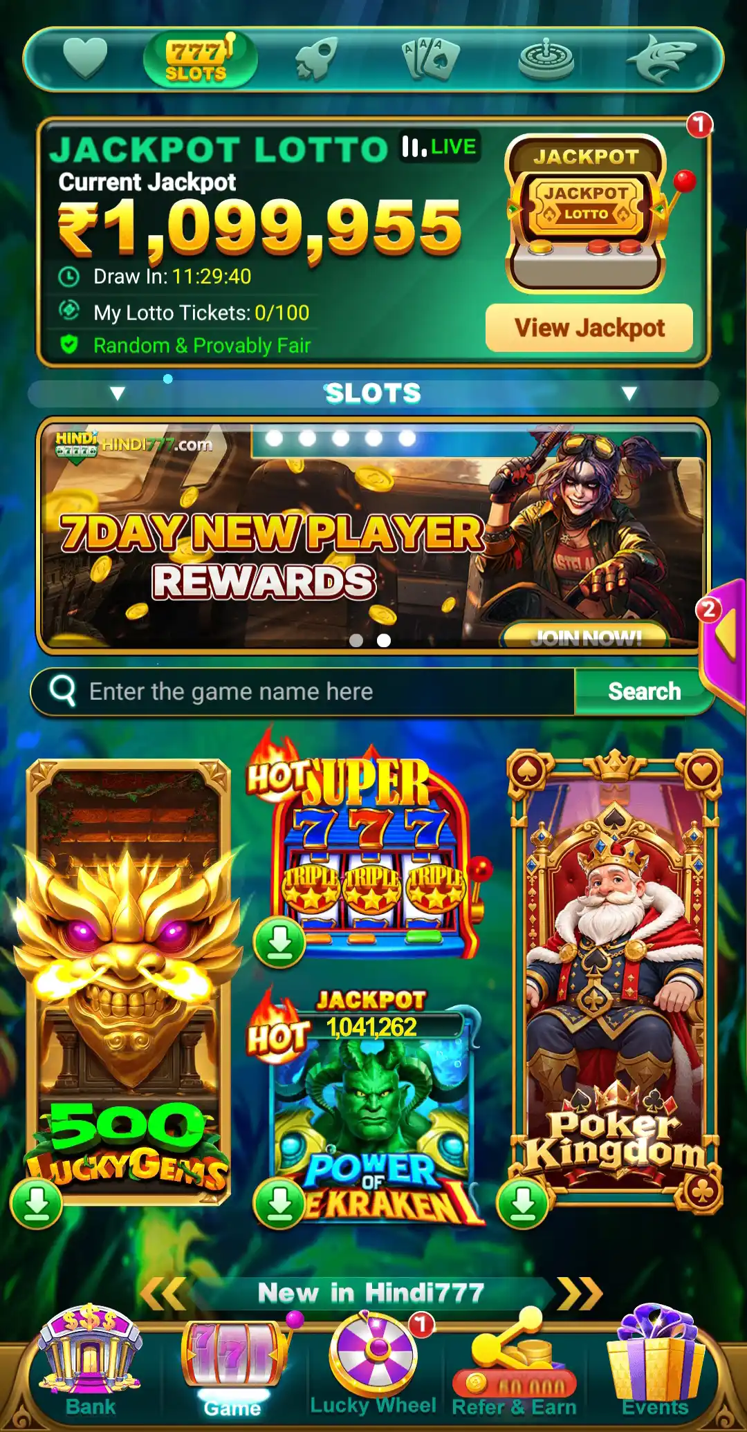 Hindi 777 slots games including 500 Lucky Gems, Super 777 and Poker Kingdom