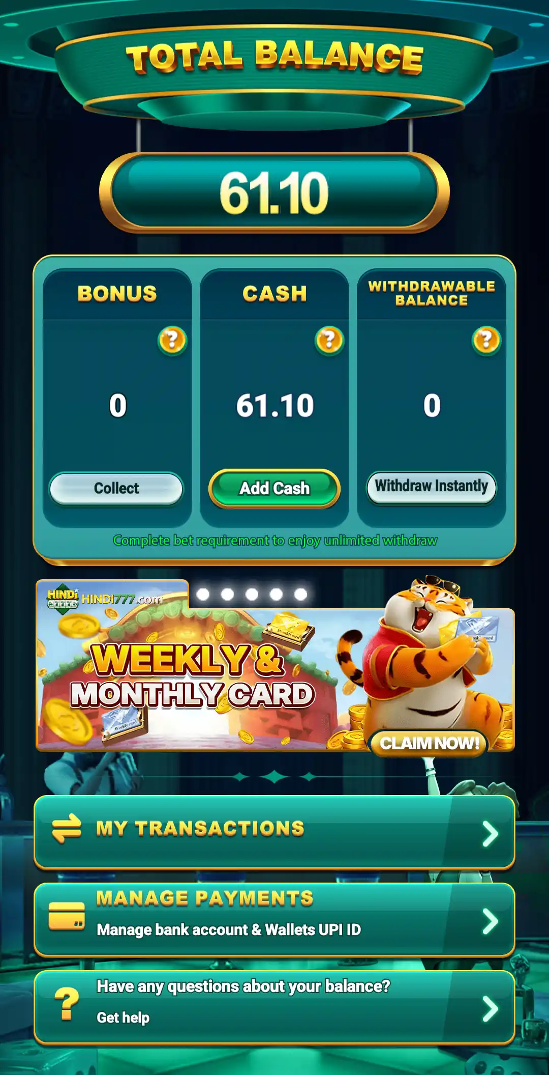 Hindi 777 balance panel showing total balance, bonus, cash and withdrawable balance