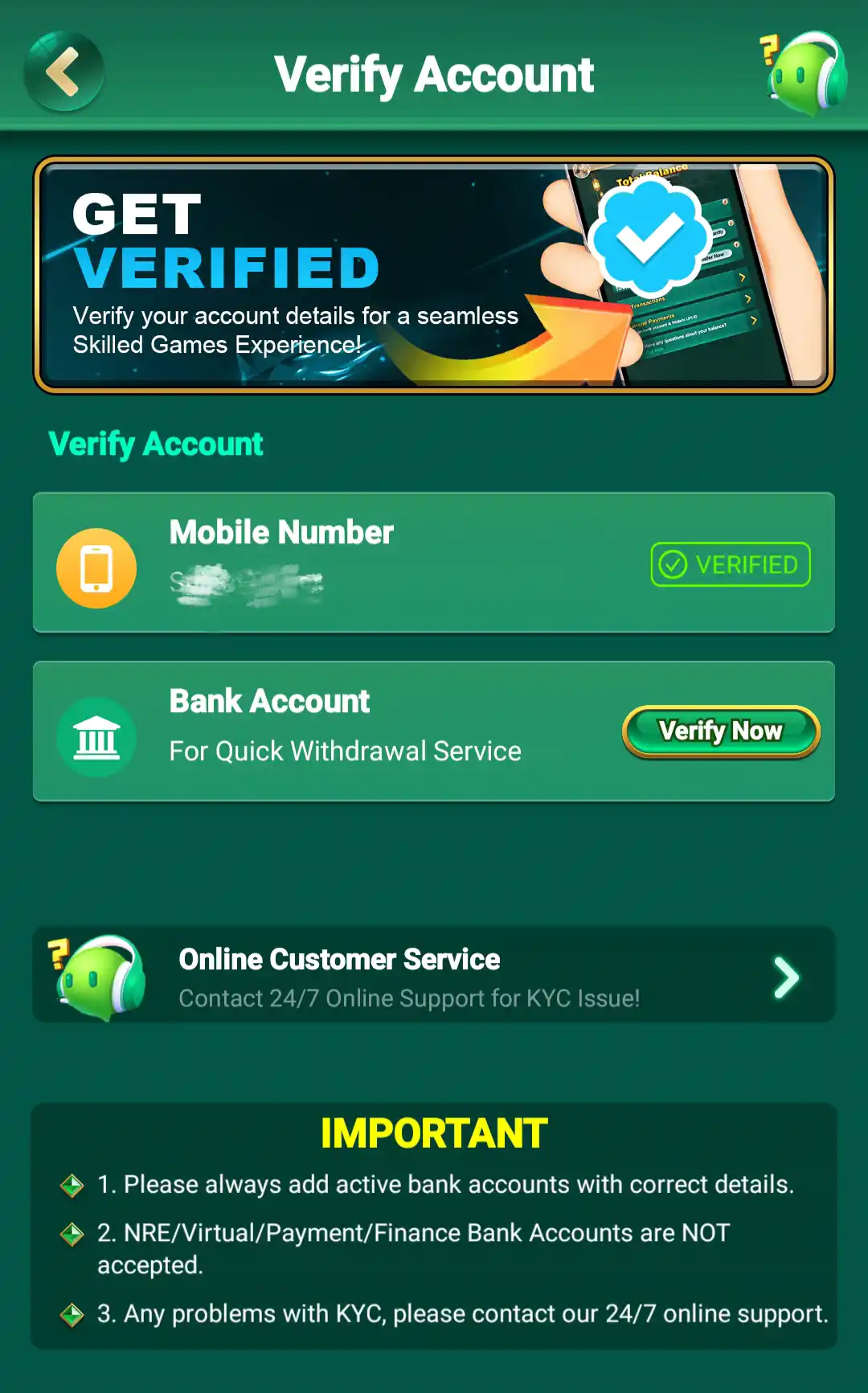Hindi 777 account verification page with bank account verification option