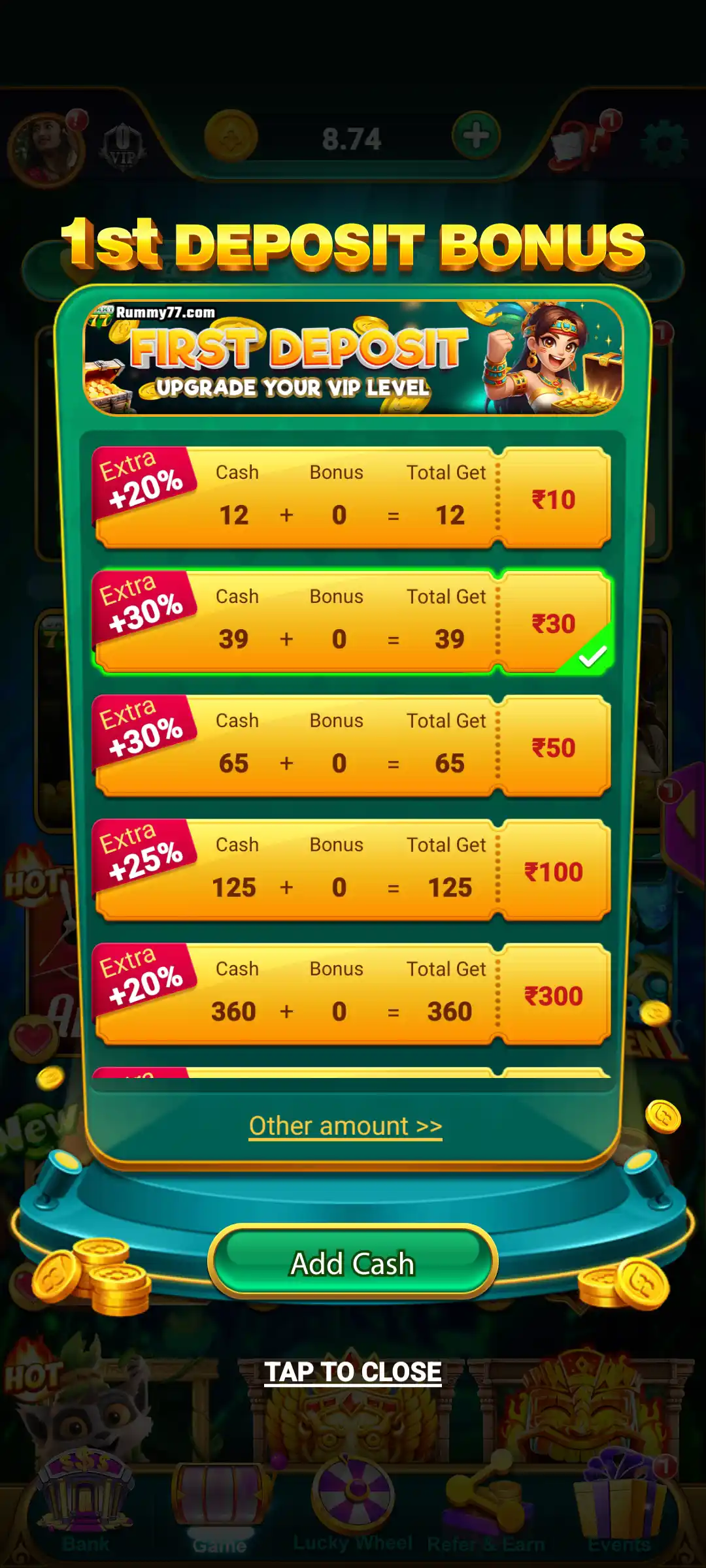 Rummy 77 First Deposit Bonus screen