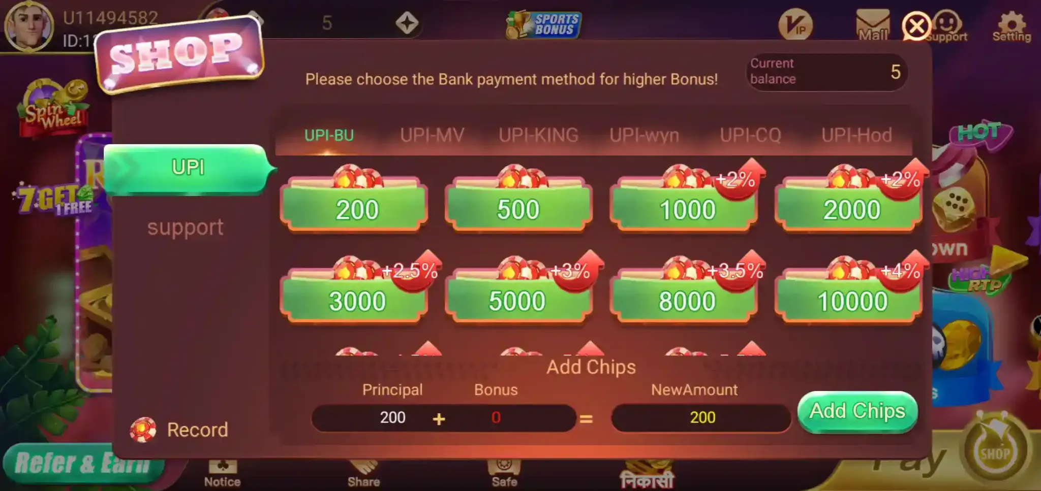 Rummy Best Add Cash screen with UPI payment options