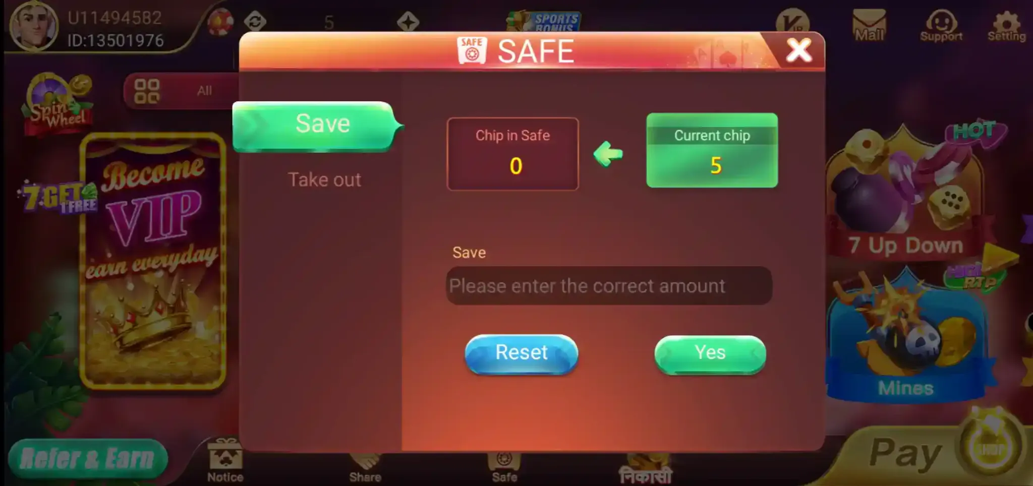Rummy Best Safe option showing current chip and chip in safe