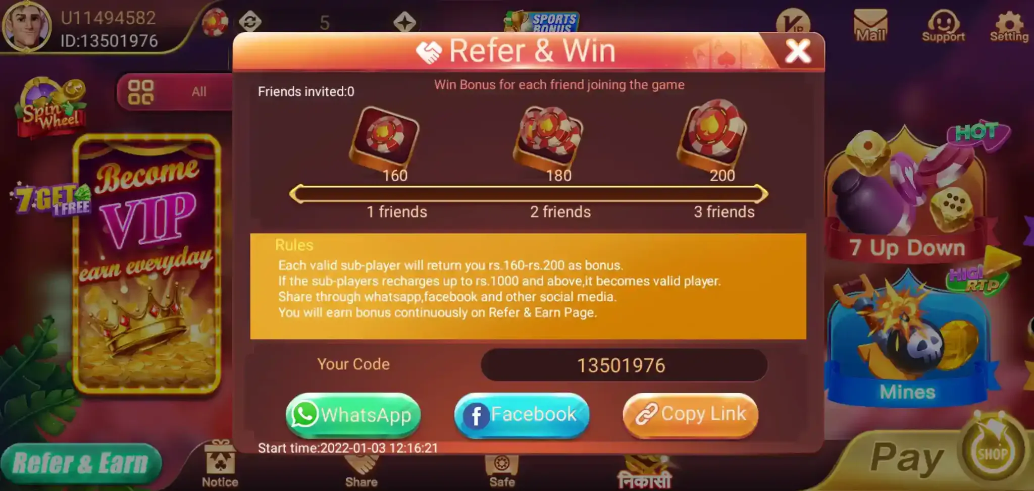 Rummy Best Refer and Win share screen
