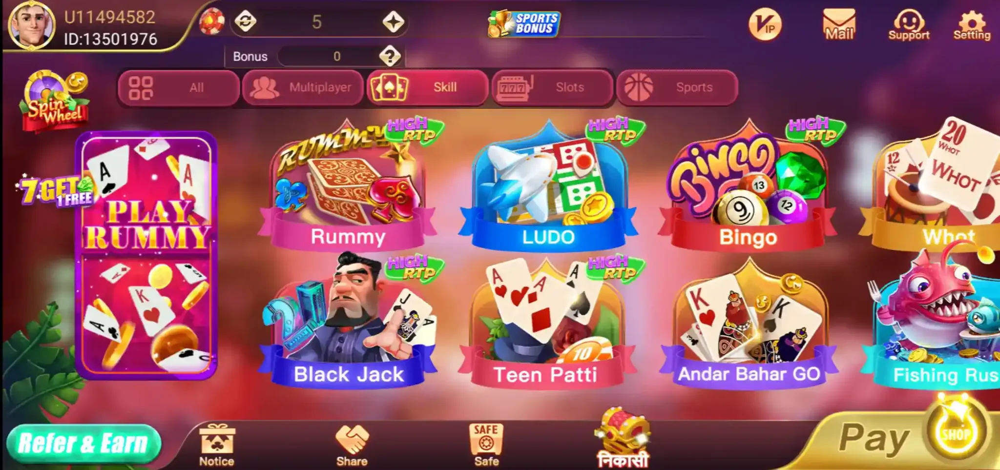 Rummy Best Skill games including Rummy Ludo Bingo and card games
