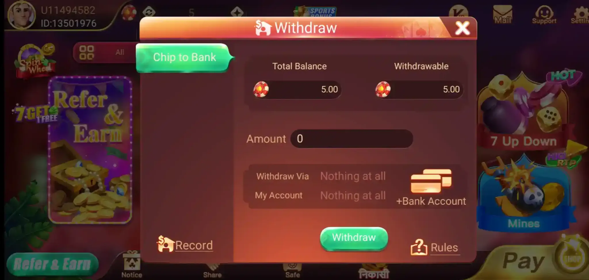 Rummy Best Withdraw screen with Bank Account option