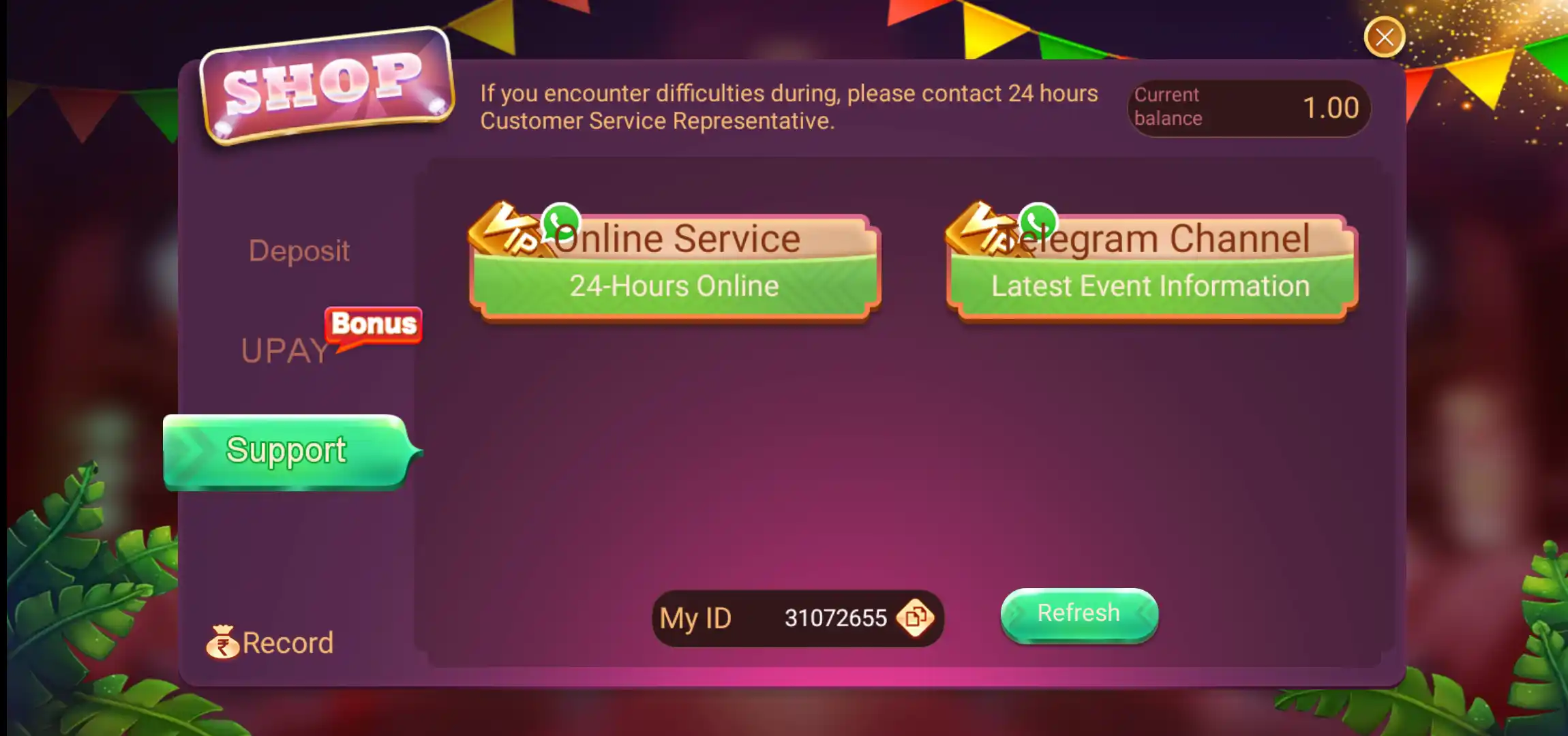 Rummy Glee Support page showing Online Service and Telegram Channel options