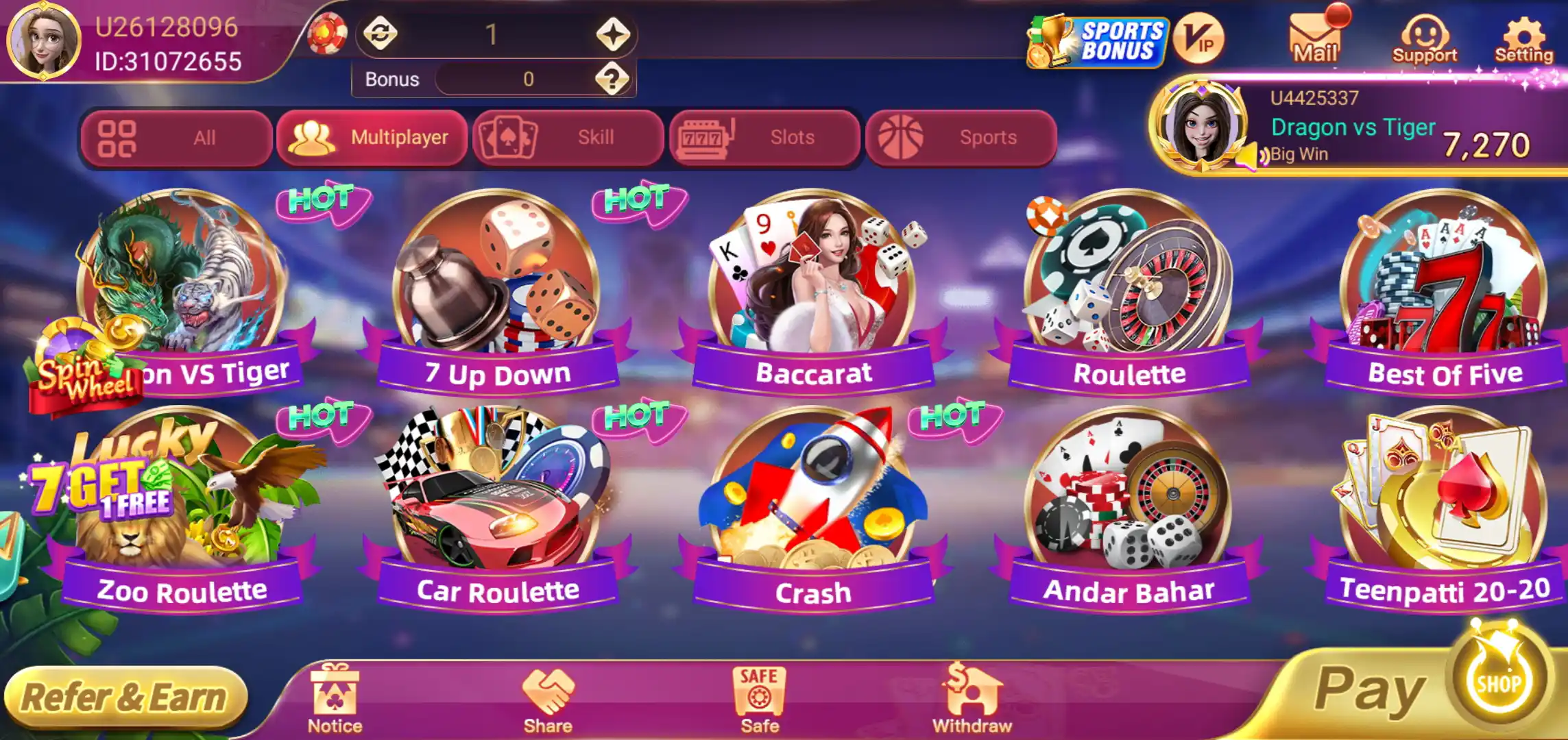 Rummy Glee Multiplayer category with Dragon vs Tiger, Baccarat, Roulette, Car Roulette and other games
