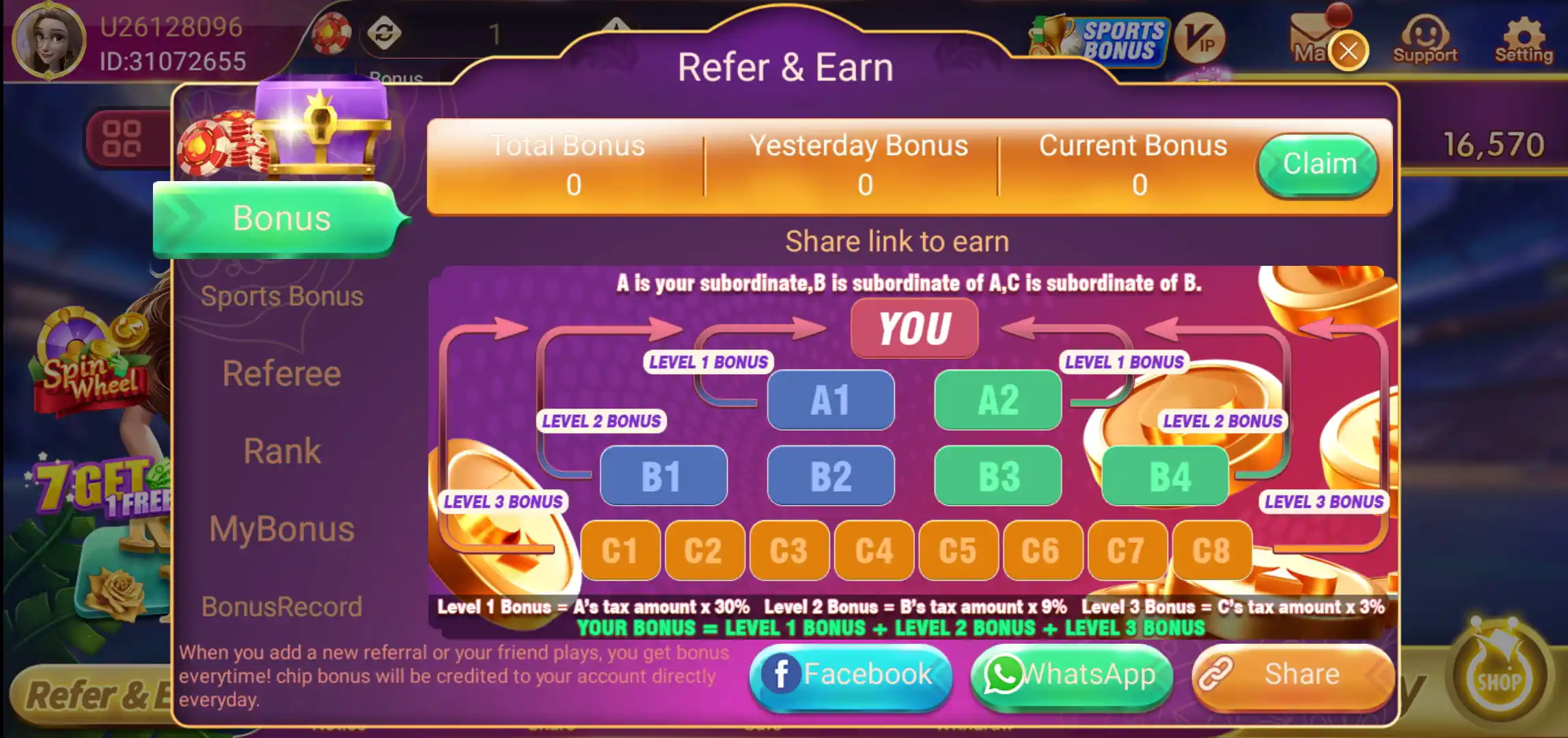 Rummy Glee Refer and Earn page with multi-level bonus diagram and sharing options