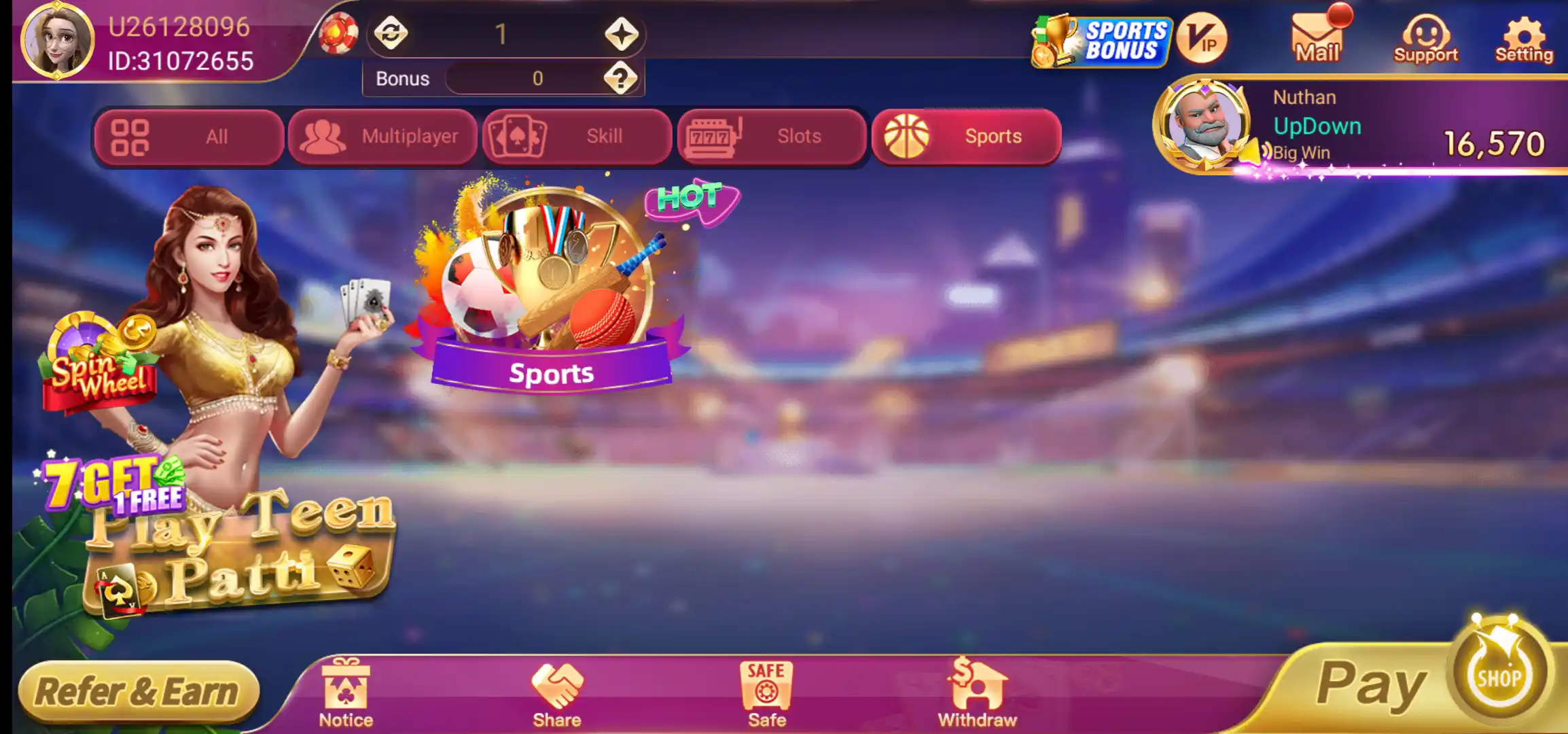 Sports game category in the Rummy Glee app interface