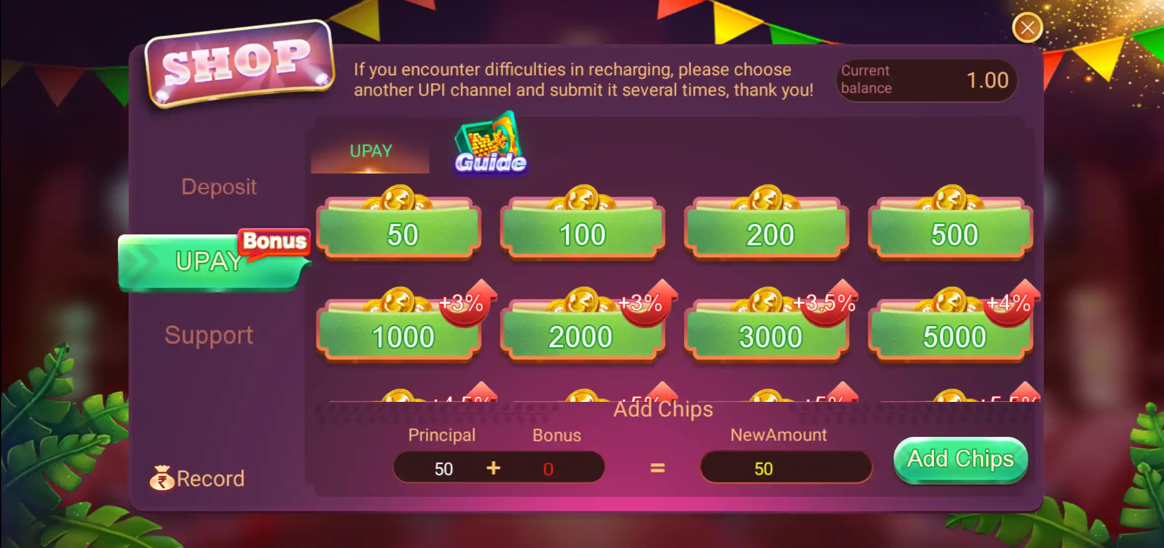 Rummy Glee UPay page with selectable recharge amounts and displayed bonus percentages