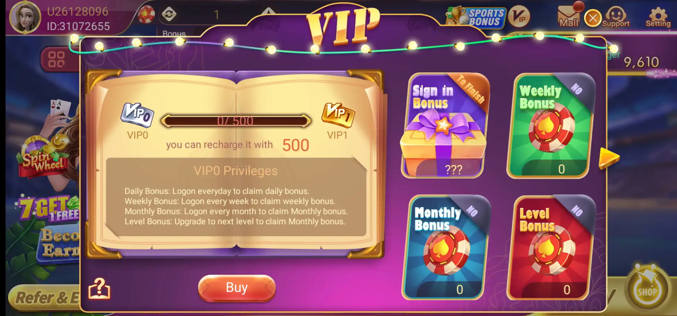 Rummy Glee VIP plan with VIP0 and VIP1 levels, sign-in bonus and other bonus panels