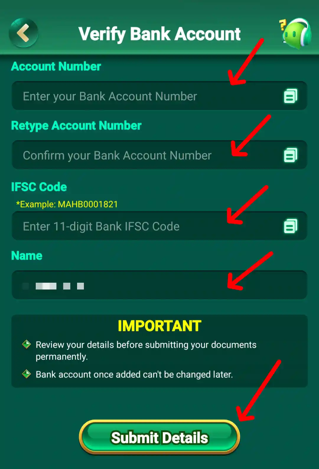 Rummy Ludo Add Bank Account
