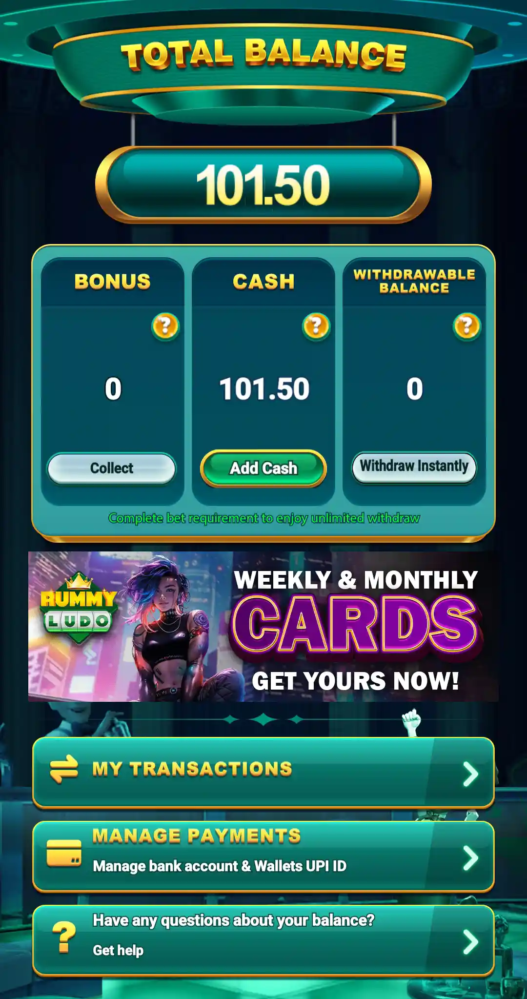 Rummy Ludo wallet and withdrawal screen