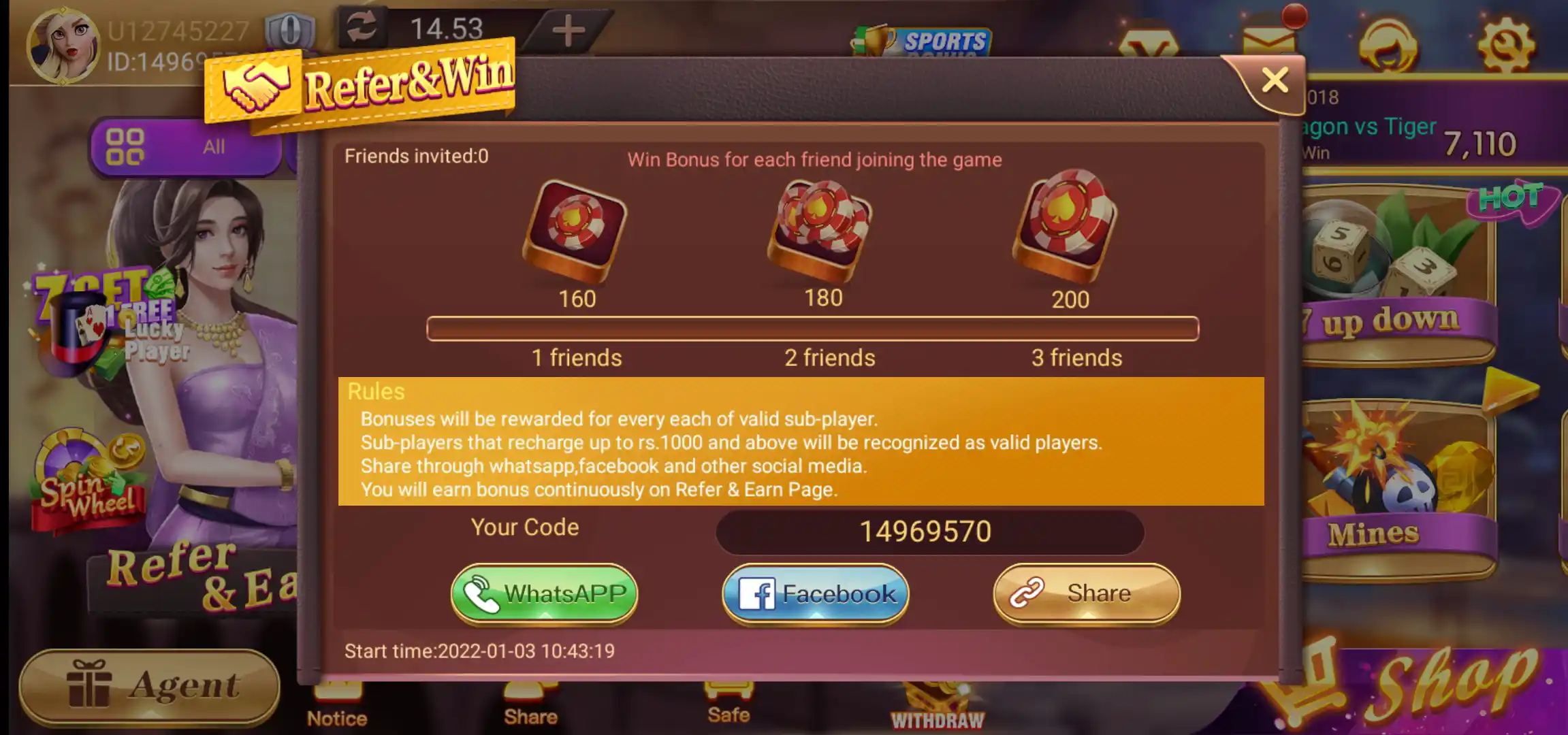 Rummy Pride Refer and Win screen