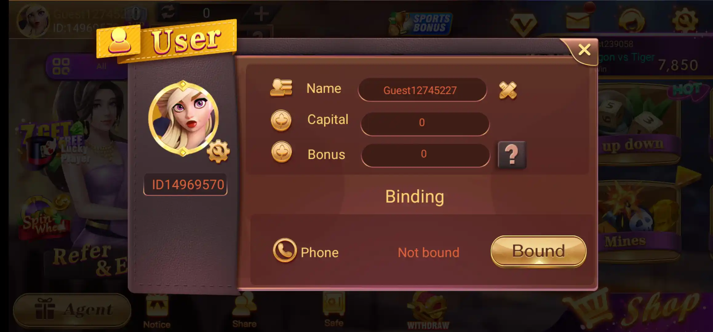 Rummy Pride user account screen